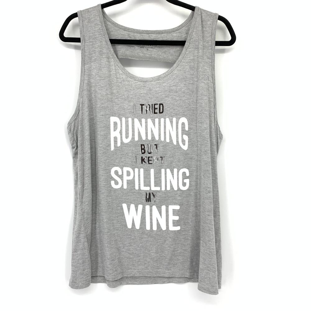 Miken Flow Womens Graphic Tank Top XL Gray Cutout Back Wine Quote
